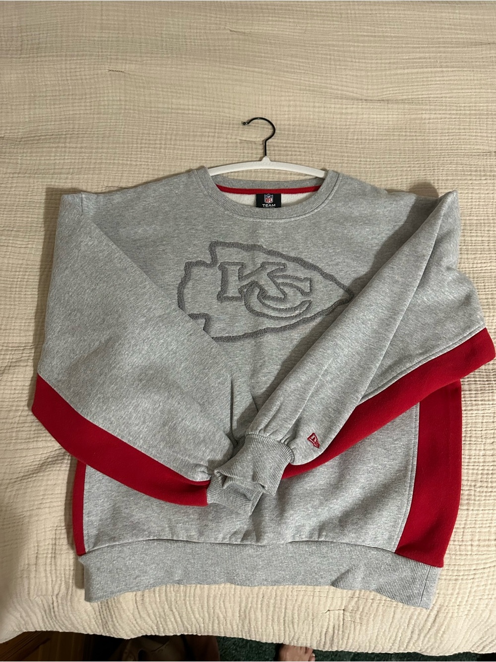 New Era Gray and Red Crewneck Sweatshirt with Raised Logo